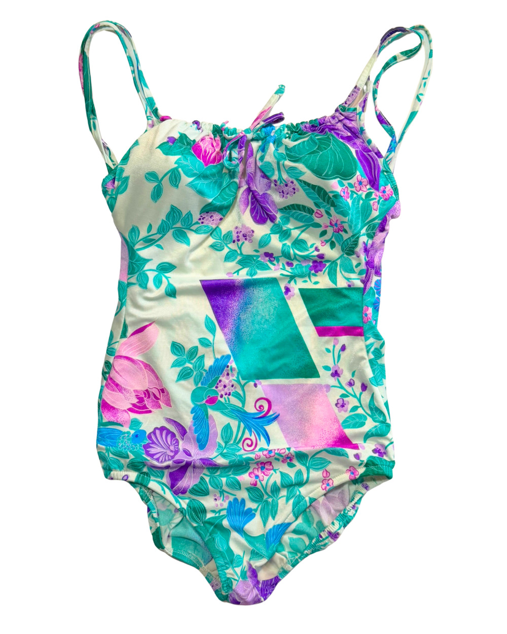 Sirena Sz 14 (Fits S) 1 Pc Swimsuit Vibrant Aqua Purple Tropical Floral Vtg 80s
